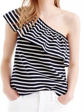 J Crew Striped One-Shoulder Ruffle Top - Navy/White Preppy Coastal